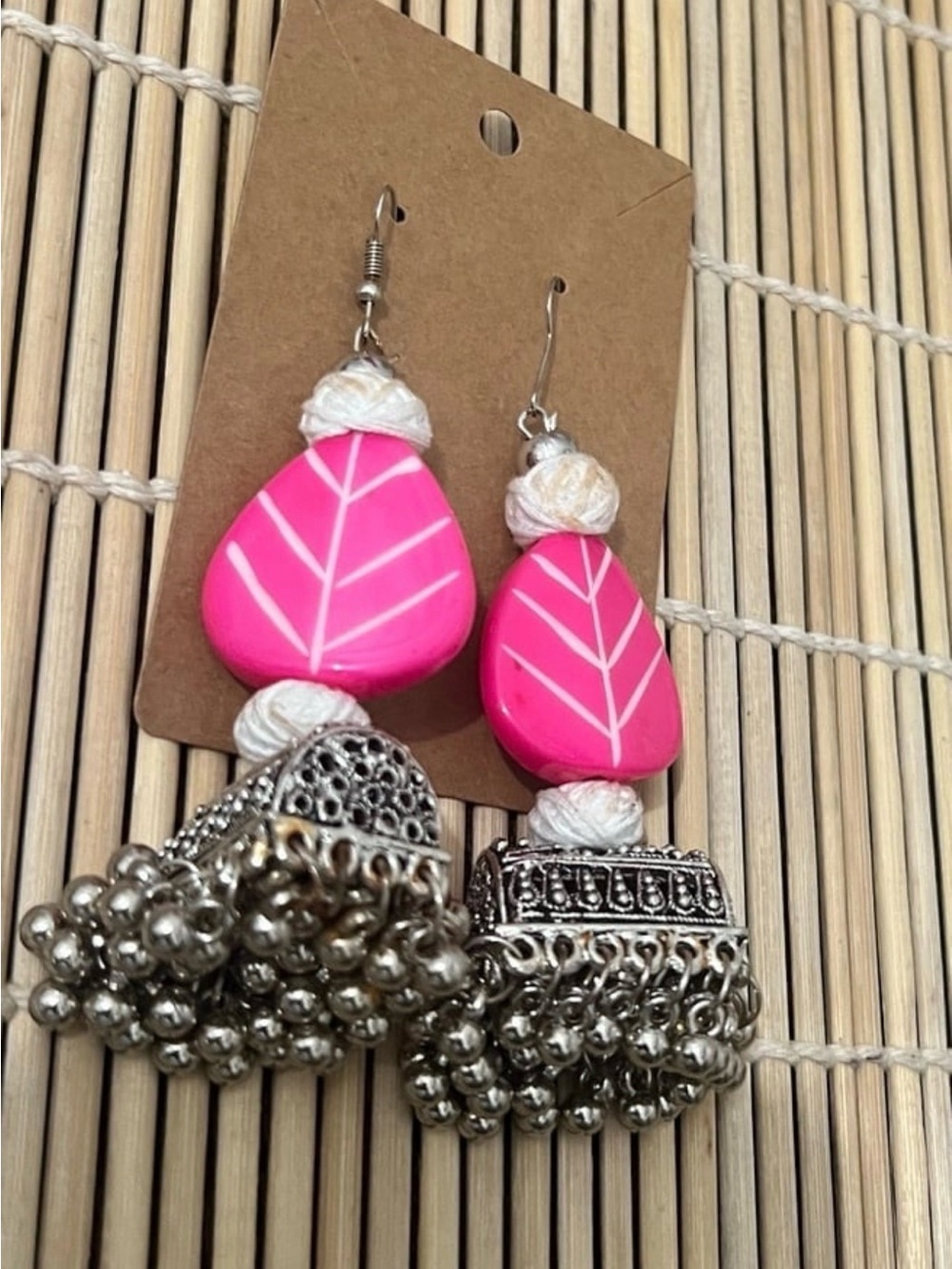Vintage Hot Pink Leaf Drop Earrings with Silver Jhumka Accents